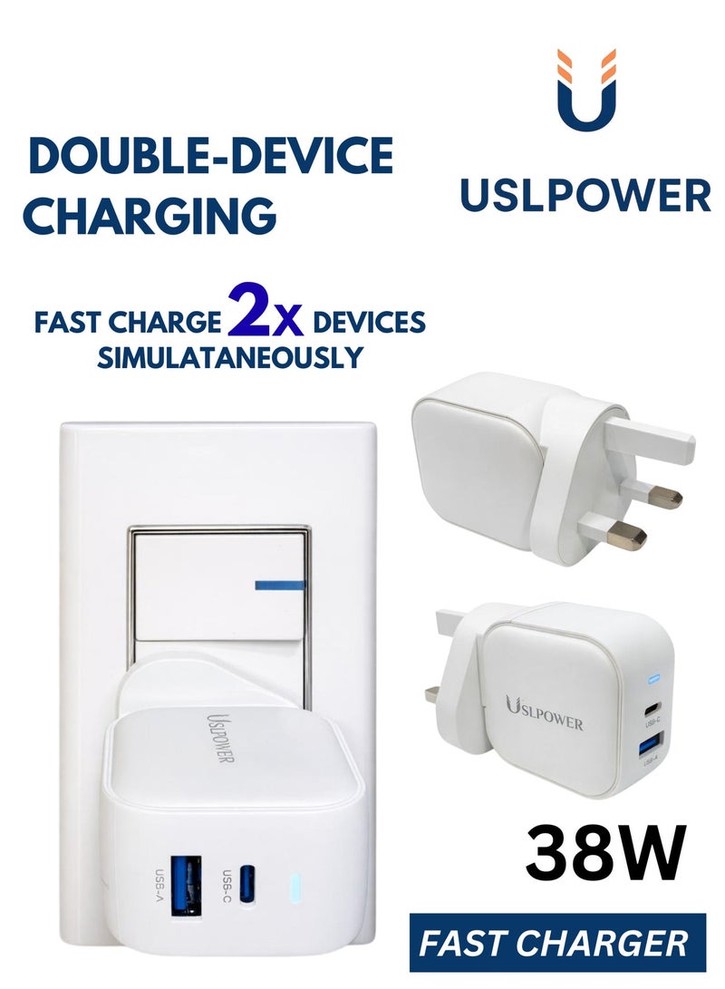 USLPOWER Power Adapter 38W GaN Fast Charger, Dual Port USB-C PD + USB-A QC Wall Charger, Fast Charging Power Adaptor for Smartphones & Tablets - Image 3